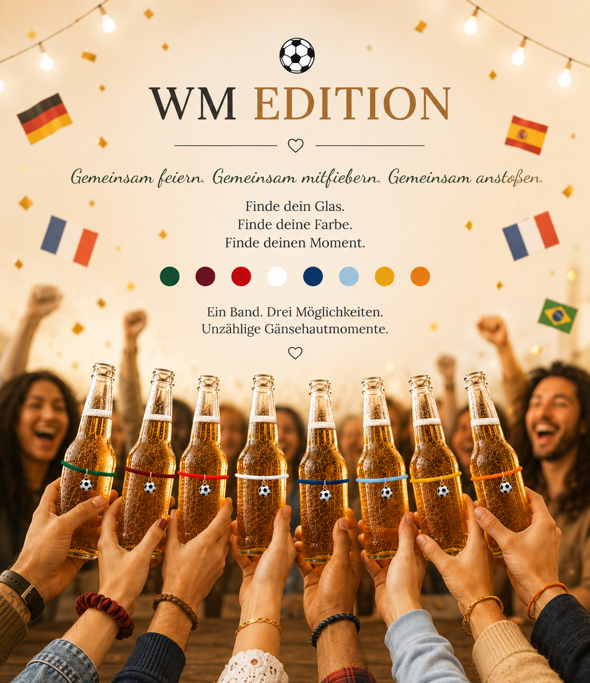 Mehrere Menschen stoßen mit Bierflaschen an, die behängt sind mit den verschiedenen Glasbändern.