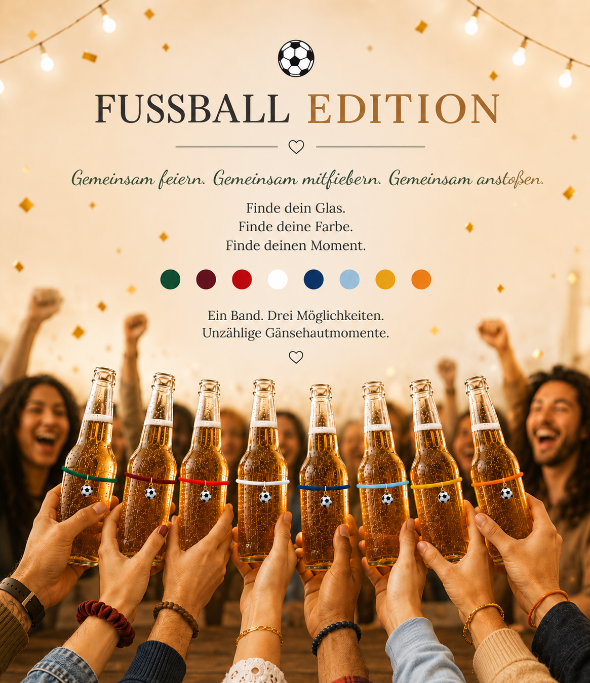 Mehrere Menschen stoßen mit Bierflaschen an, die behängt sind mit den verschiedenen Glasbändern.